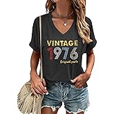 Chulianyouhuo Vintage 1976 T Shirts for Women 50th Birthday Gifts Letter Print Retro Party Tops Casual V Neck Tee Tshirts