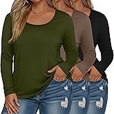 Evervibe 3 Pack Women's Plus Size Scoop Neck Long Sleeve Shirts, U Neck Loose Layer Tops Casual Soft Solid Basic Tees Blouses