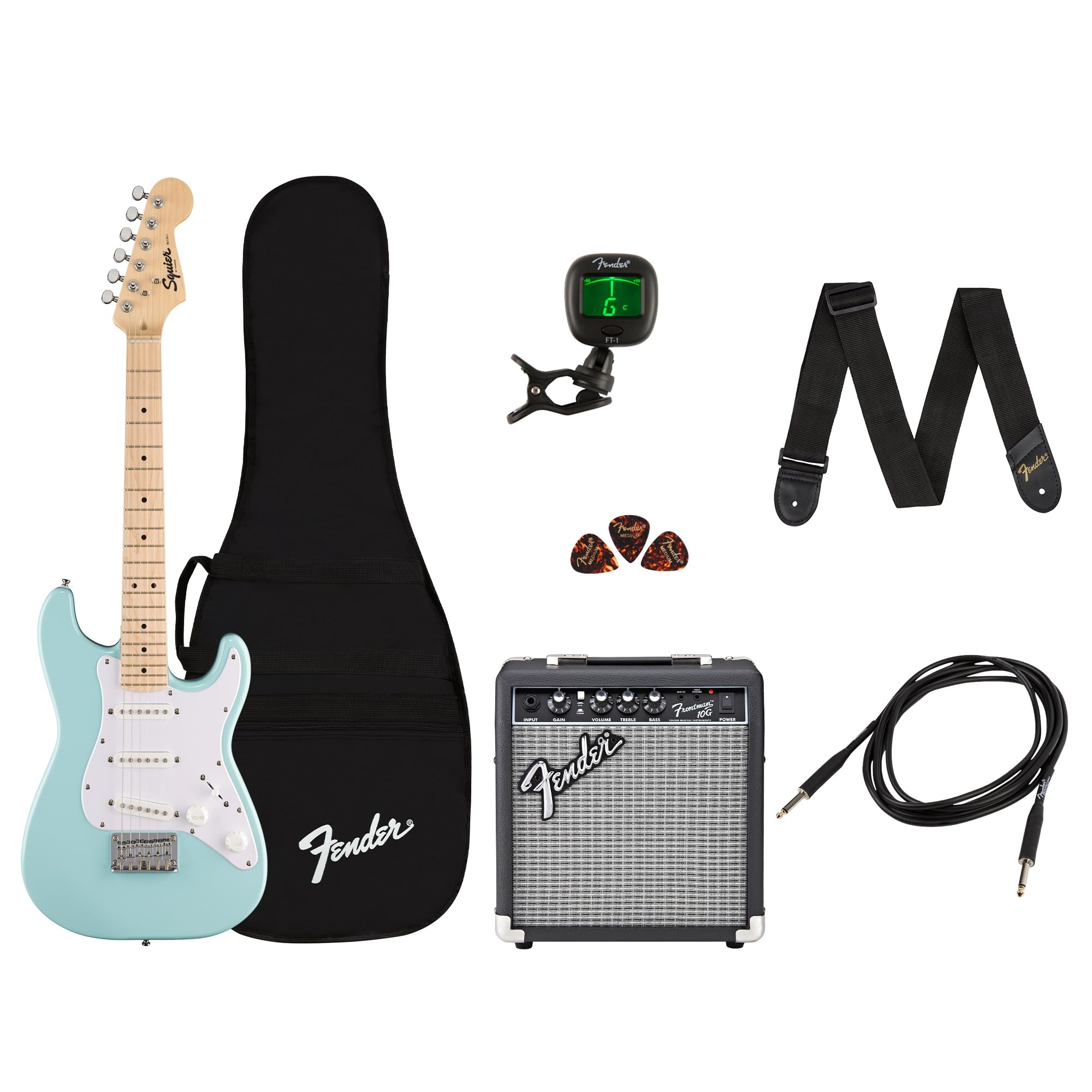 Fender Mini Stratocaster Electric Guitar Kit, Beginner Guitar Kit, with 2-Year Warranty, with Frontman 10G Amp, Padded Gig Bag, Strap, Cable, Tuner, and Picks, Daphne Blue Image