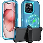 CONWOE Magnetic for iPhone 15 Case,with Belt Clip,[Compatible with Magsafe] W/Tempered Glass Screen Protector,Anti-Drop,Shockproof,Heavy Duty Protection (Lake Blue)