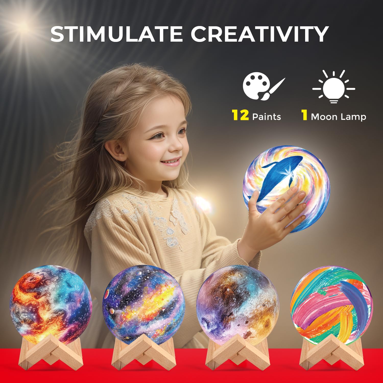 EDUMAN Paint Your Own Moon Lamp Kit, DIY 3D Moon Night Light with Space Figurines & Wooden Stand,Space Toys Night Light Gift for Kids Ages 3-12, Arts and Crafts Kit for Teens Girls Boys