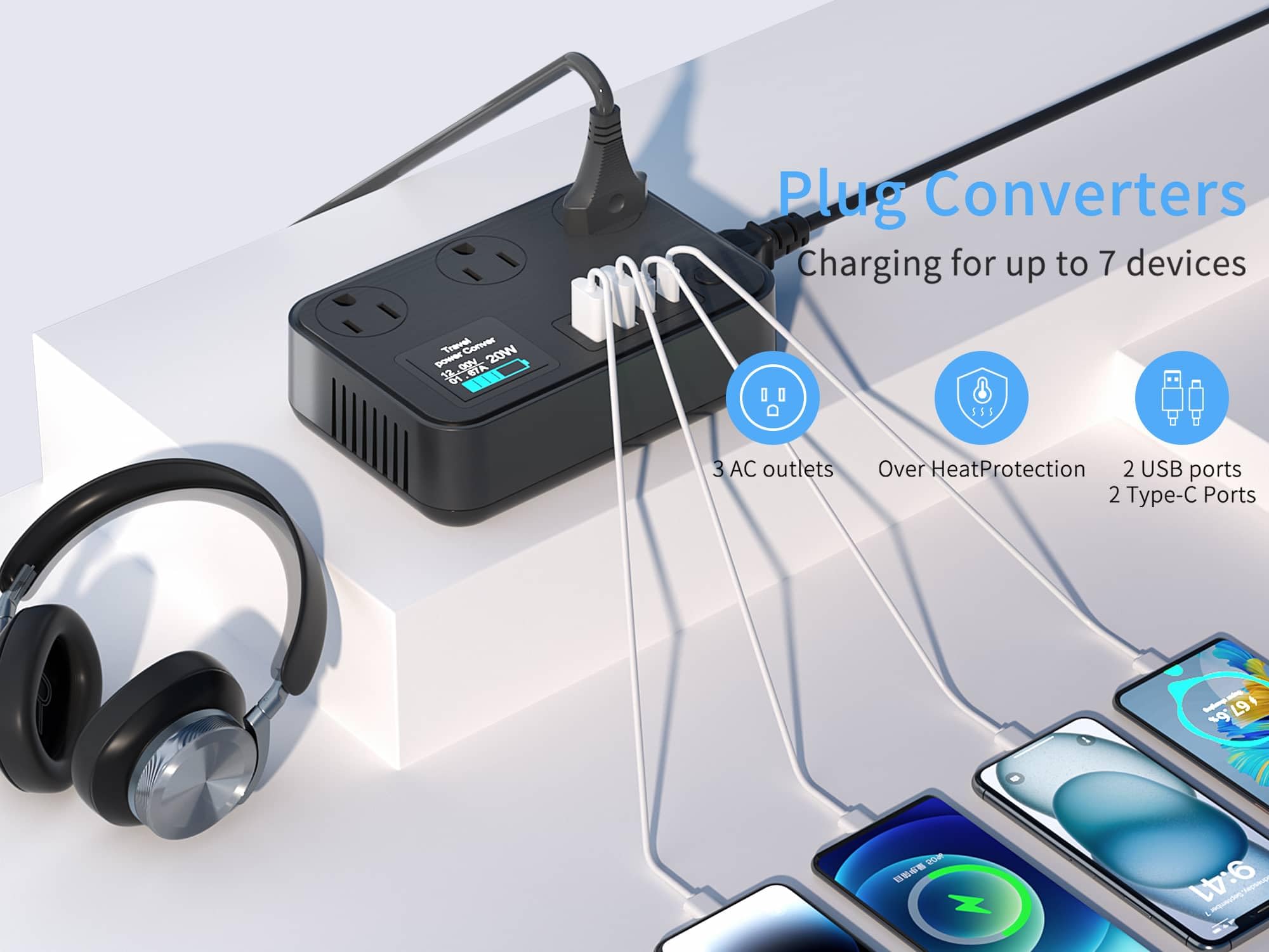 350W Converter Plug with 2 USB and 2 USB-C (20W PD) Fast Charging International Travel Converter for 220V to 110V for 100V-240V and Including US/EU/UK/India/South Africa Plugs (Black)