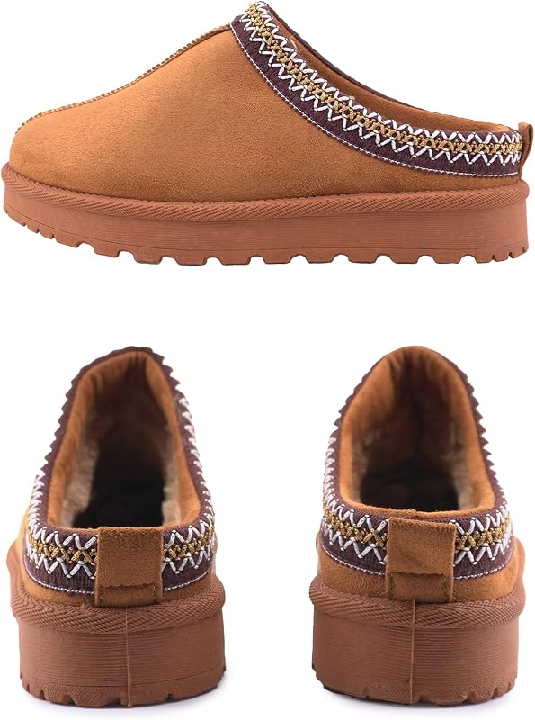 Hausschuhe Damen Winter Gefüttert Rutschfest Geschlossene Pantoffeln mit offener Ferse Warmem Plüschfutter und Dicker Profilsohle Hausclogs in Wildleder Optik für Zuhause X007 Braun 37
