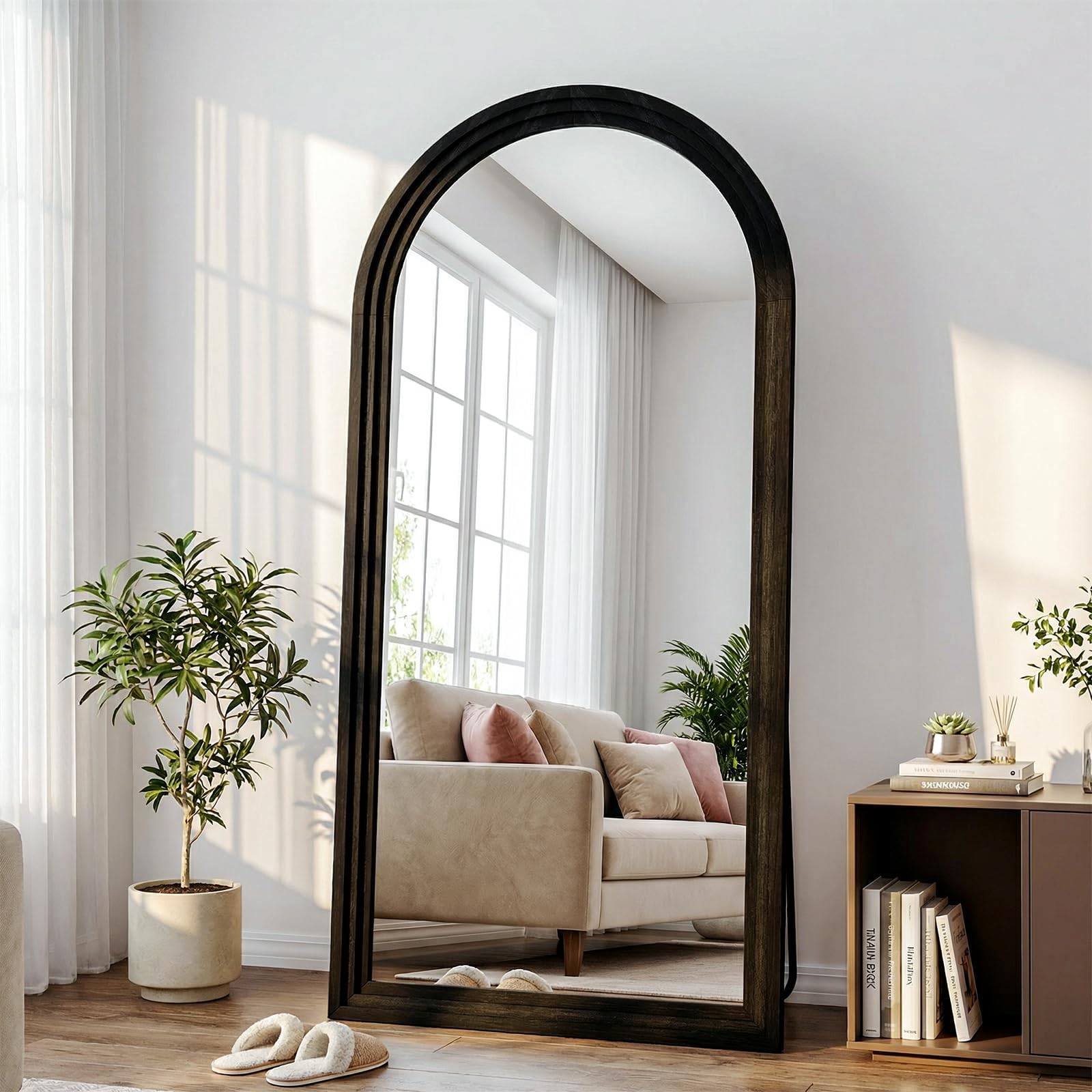 Photo 1 of **HAS SCRATCHES & FRAME DAMAGE (BROKEN) TO TOP OF FRAME*** WISSMIELS 30"x71" Full Length Mirror Solid Wood Frame, Arched Floor Mirror Full Length with Stand, Room Decor Big Full Body Mirror with HD Tempered Glass for Bedroom, Living Room, Black