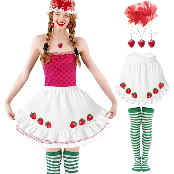 Set De Disfraz De Fresa 3 Piezas Para Mujer - Sombrero, Collar Y Calcetines Hasta La Rodilla, Ideal Para Halloween Y Carnaval