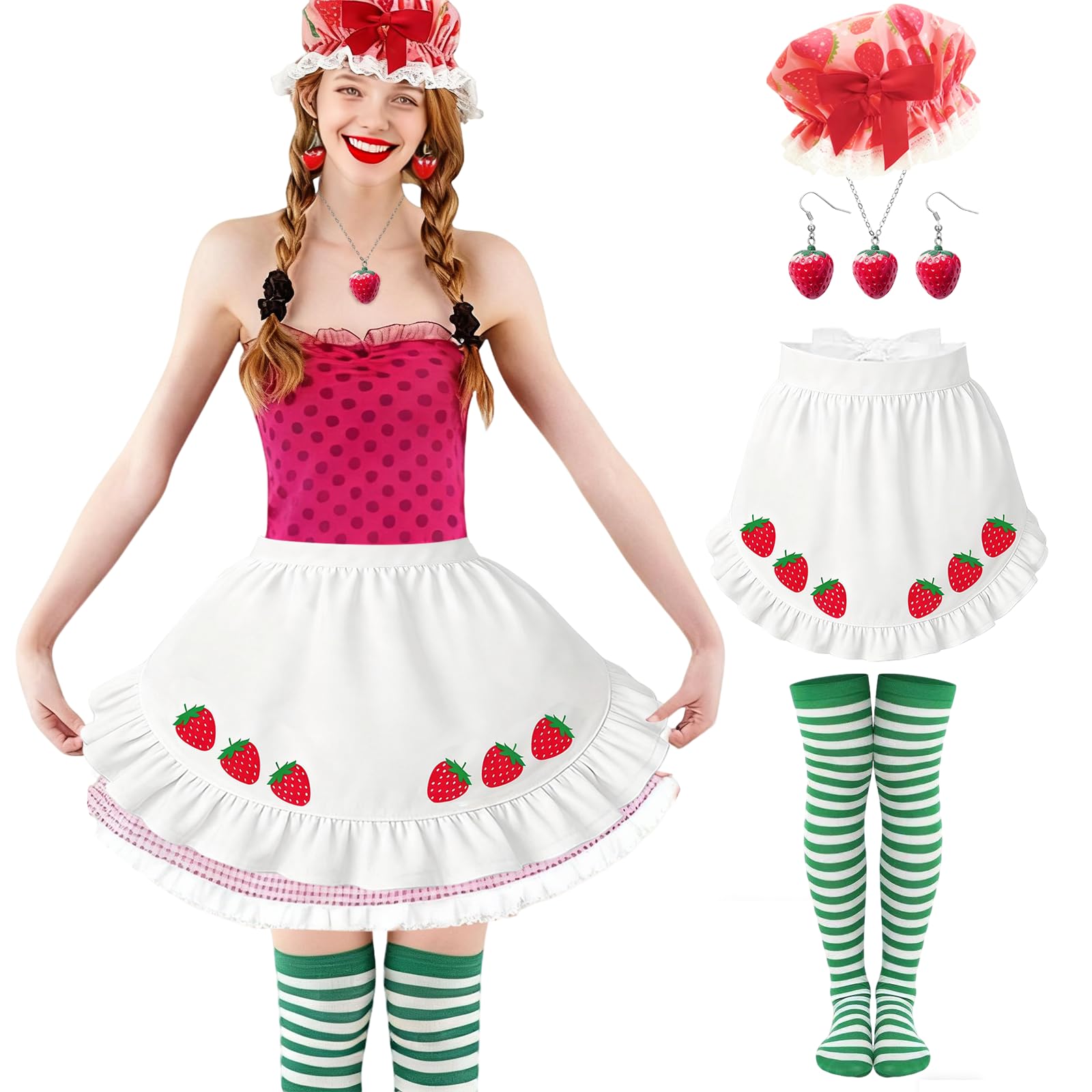 Photo 1 of 5 Pcs Halloween Strawberry Cake Costume with A Strawberry Printed Hat, A Cute Apron, Striped Stockings, Earrings and Necklace for Women Adult Halloween Cosplay Party Dress Up size small/medium