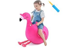 iPlay, iLearn Bouncy Pals Kids Flamingo Hopper Ball, Inflatable Bouncing Animal Hopping Toys, Pink Plush Ride on Bouncer, Outdoor Indoor Active Jumping, Birthday Gift for 3 4 5 6 Year Old Girl Toddler