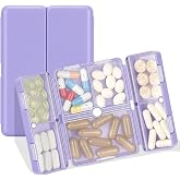 FYY Travel Pill Organizer, 7 Compartments Pill Box Medicine Case-Purple | Easy to Use, Privacy Protection,Magnetic Foldable Daily Pill Case for Purse or Pocket to Hold Vitamins,Supplements,Medication