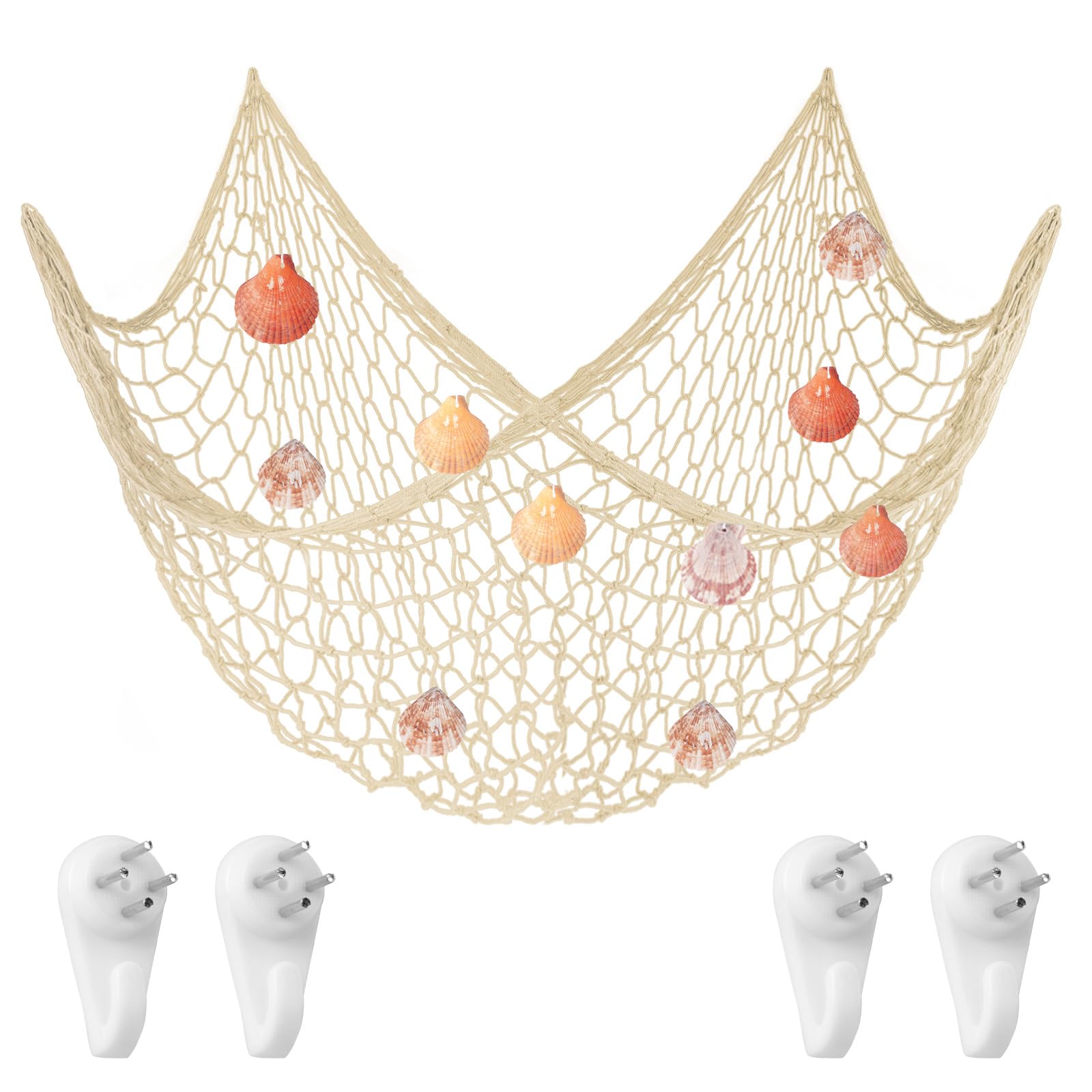 Aolso Fishing Net Decoration, 6.5 X 3.3Ft Nautical Wall Hanging Fish Net with Shells, Creamy White Fishing Net Beach Theme Decor for Party Home, Mediterranean Style Photo Netting