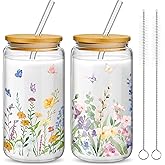 Mumufy Gift for Women Cute Glass Cup Tumbler Flower Iced Coffee Mugs 16 oz Glass with Bamboo Lid & Straw, Mothers Day Birthday Gift for Mom Sister Bridesmaid Baby Shower(2 Pack,Wild Flower1)
