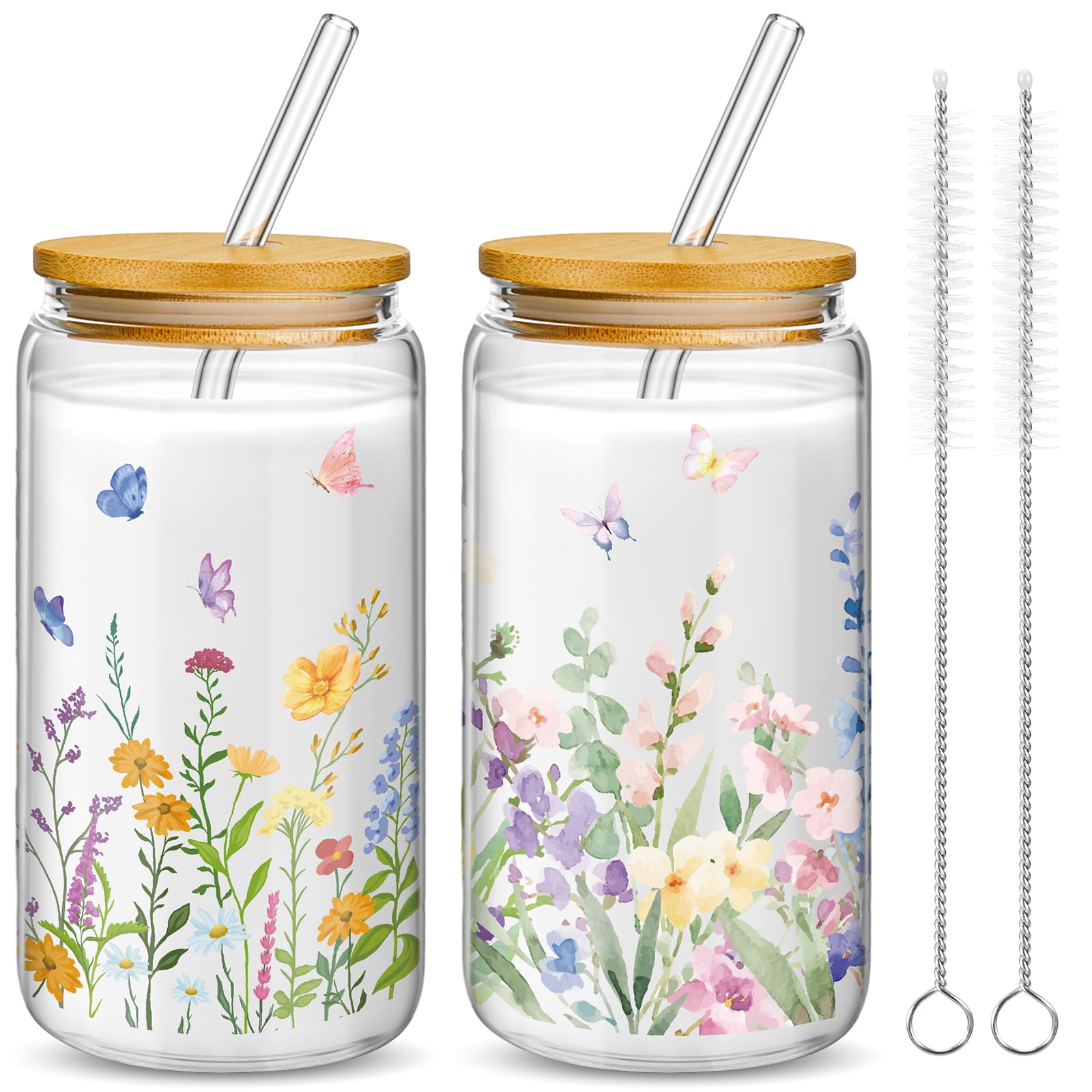 Photo 1 of Mumufy 2 Pack Gift for Women Cute Glass Cup Tumbler Flower Iced Coffee Mugs 16 oz Glass with Bamboo Lid & Straw, Mothers Day Birthday Gift for Mom Sister Bridesmaid Baby Shower (Wild Flower)