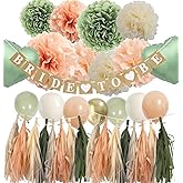 Bridal Shower Decorations Sage Green - Peach Olive Green Boho Bachelorette Party Decorations with Balloons Tissue Paper Flower Pompoms and Tassel Garland (Sage green + Peach)
