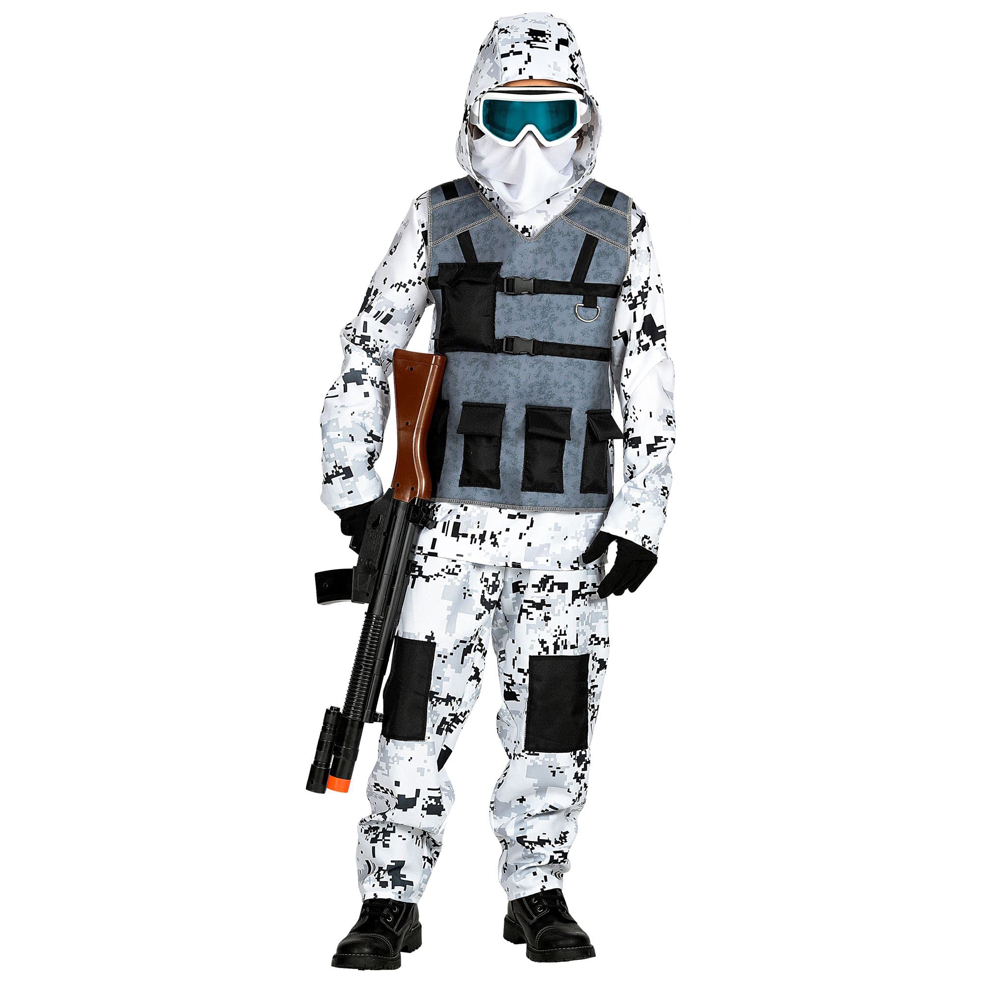 WIDMANN 01716 Kids Boys White & Black Arctic Special Forces Costume. Includes hooded coat, pants and face mask. Fancy Dress, Outfit, World Book Day, Halloween, Carnival, Army. Age 5-7 Years.