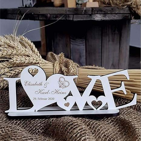 Deko Aufsteller mit Herzen « LOVE » inkl. Personalisierung - Größe ca. 20 x 8 cm - Ideal zur Hochzeit Trauung Valentinstag Ju