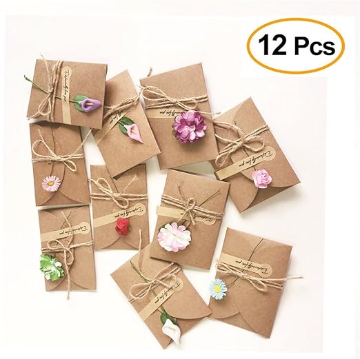 IHRKleid 12 Stück Handgemachtes Retro danken Ihnen Karten mit Getrockneten Blumen, Aufkleber und Jute Twine Grußkarte, Verzierte Postkarte Unbelegte, Danksagungskarten Umschläge Kleber Aufkleber