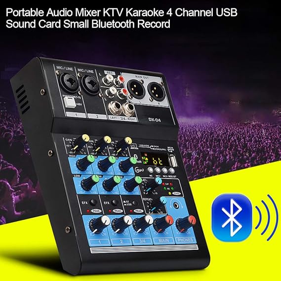 Portable Audio Mixer, DX04 Bluetooth Sound Card 4 Channel Audio Mixer