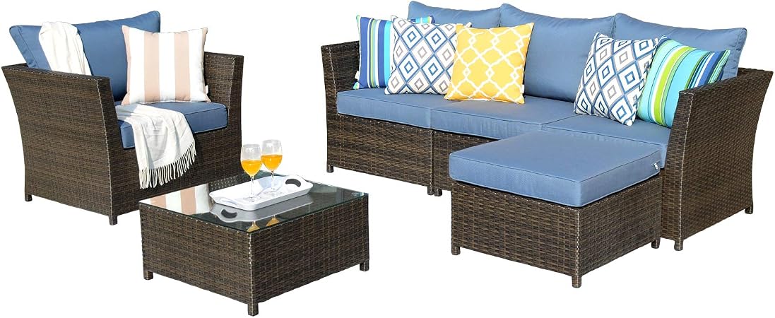 Amazon Com Xizzi Patio Furniture Pe Rattan Wicker Outdoor Furniture With Patio Furniture Covers And Pillows No Assembly Furniture 6 Pcs Blue Garden Outdoor