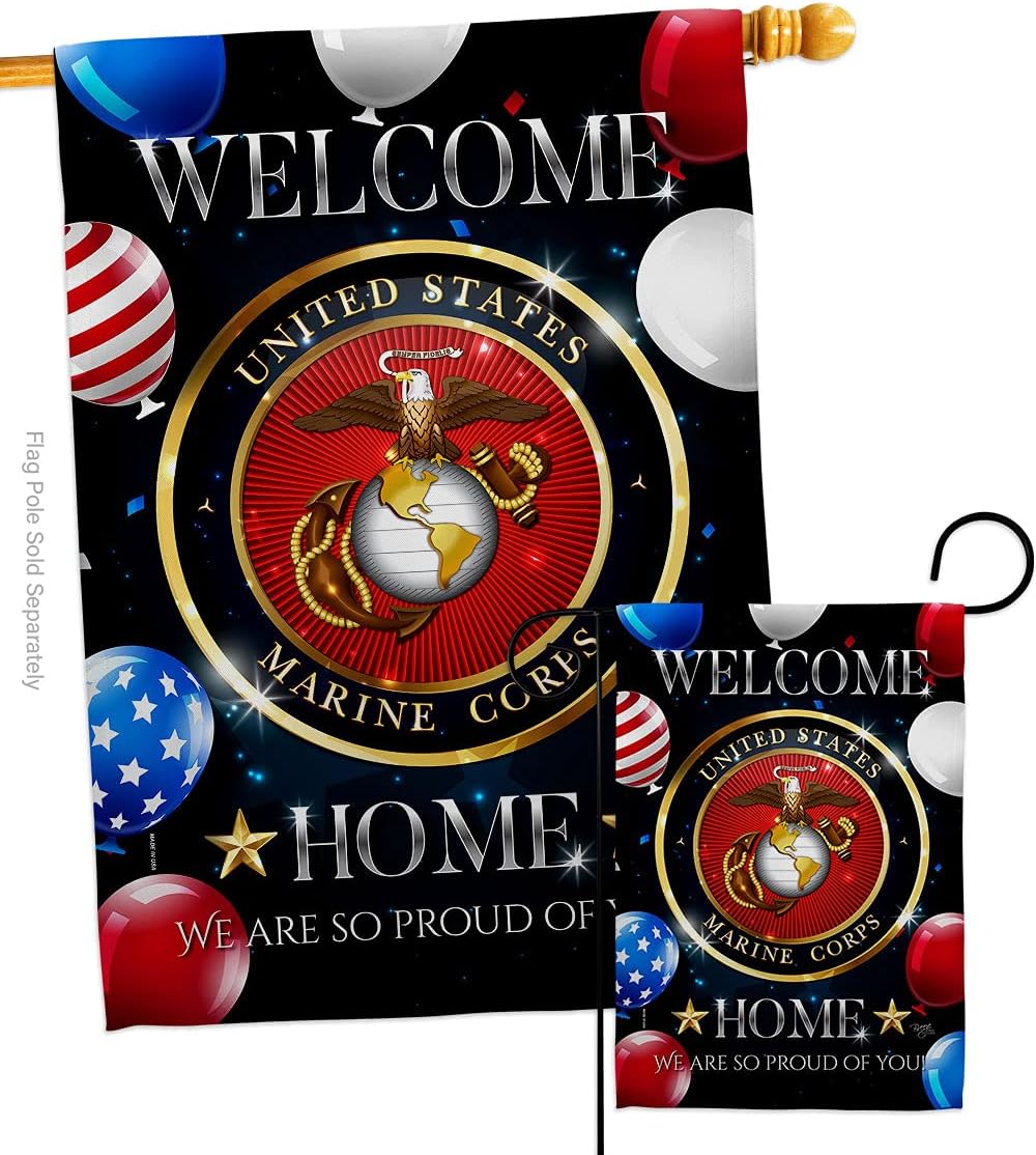 Breeze Decor Welcome Home Marine Garden House Flag-Set Armed Forces Corps USMC Semper Fi United State American Military Veteran Retire Official Banner Small Yard Gift Double-Sided, Made in USA