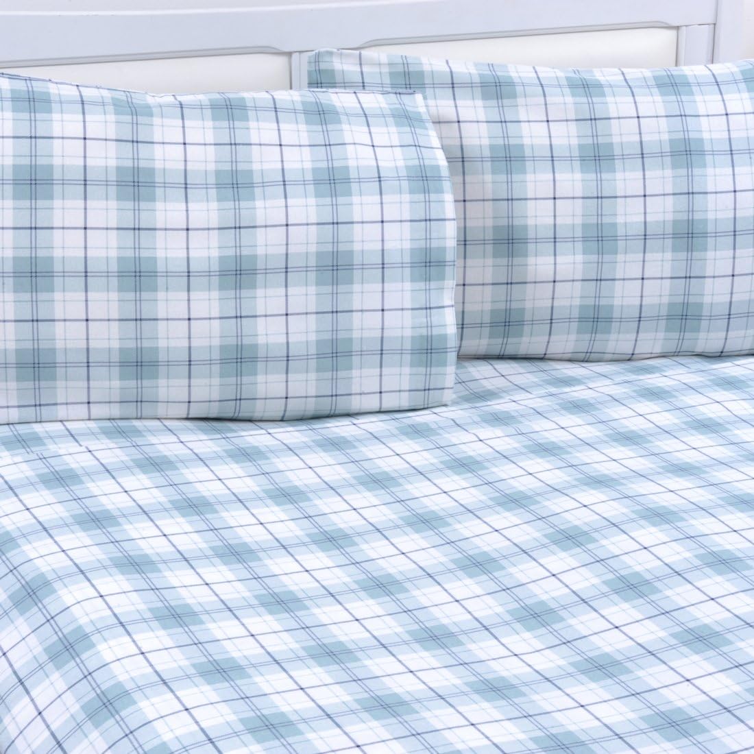 Mellanni 100% Cotton Flannel Sheet Set - Lightweight 3 pc Luxury Bed Sheets - Cozy, Soft, Warm, Breathable Bedding - Deep Pockets - All Around Elastic (Twin XL, Plaid Blue – Green): Home & Kitchen