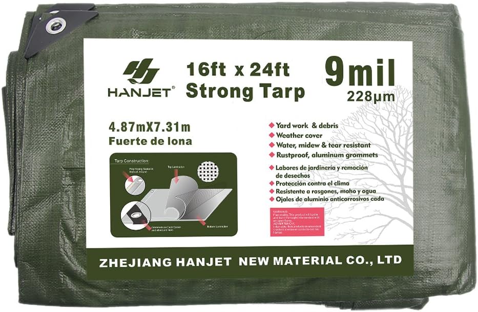 Hanjet Heavy Duty Tarp 16' x 24' 9-mil Waterproof Poly Reinforced Tarp Cover Tent Shelter Camping Tarpaulin with Grommets Forest Green - - 