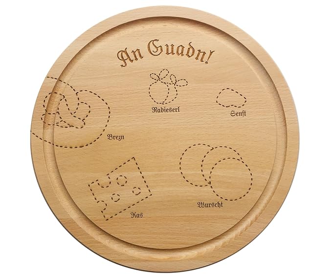SNEG-DE Brotzeitbrett rund mit bayrischem Motiv (Vesperteller) | Guadn | urig | bayrisch | bayerisch | Brotzeitteller | persö