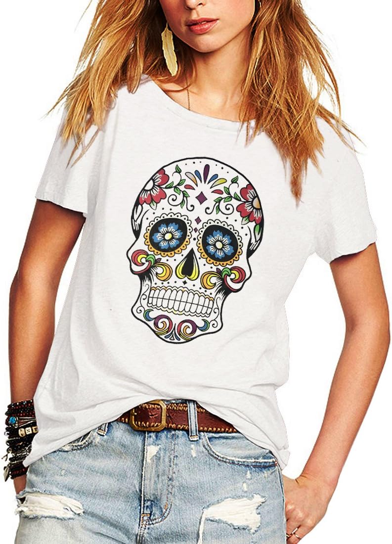 Weigou Woman T Shirt Floral Skull Contrast Color Junior Tops Tee Punk Street Style Lady Shirt