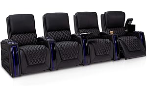 Seatcraft Apex Home Theater Seating - Living Room - Italian Leather - Power Recliner - Power Headrests - Power Lumbar - LED Armrests - SoundShaker - USB Charging - Cup Holders (Row of 4, Black)