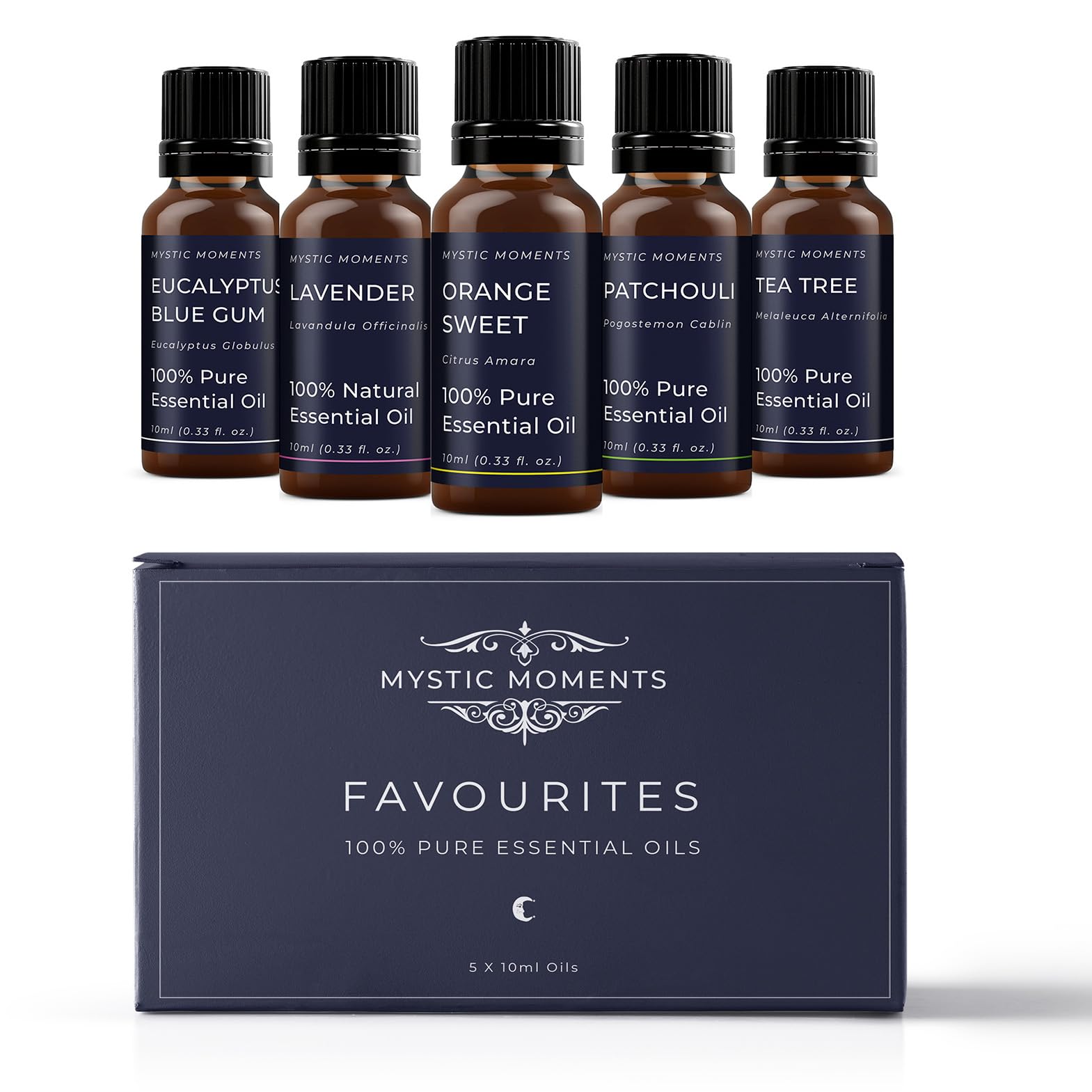 Mystic Moments | Favourite Essential Oil Gift Starter Pack 5x10ml | 5 x Pure Aromatherapy Oils – Eucalyptus Blue Gum, Lavender, Orange Sweet, Patchouli & Tea Tree | Versatile Home Fragrance — image 1
