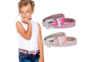 Xtinmee 2 Pcs Kids Rhinestone Belt Girls Western Cowboy Belt with Bling Diamond Studded and Sequin Leather