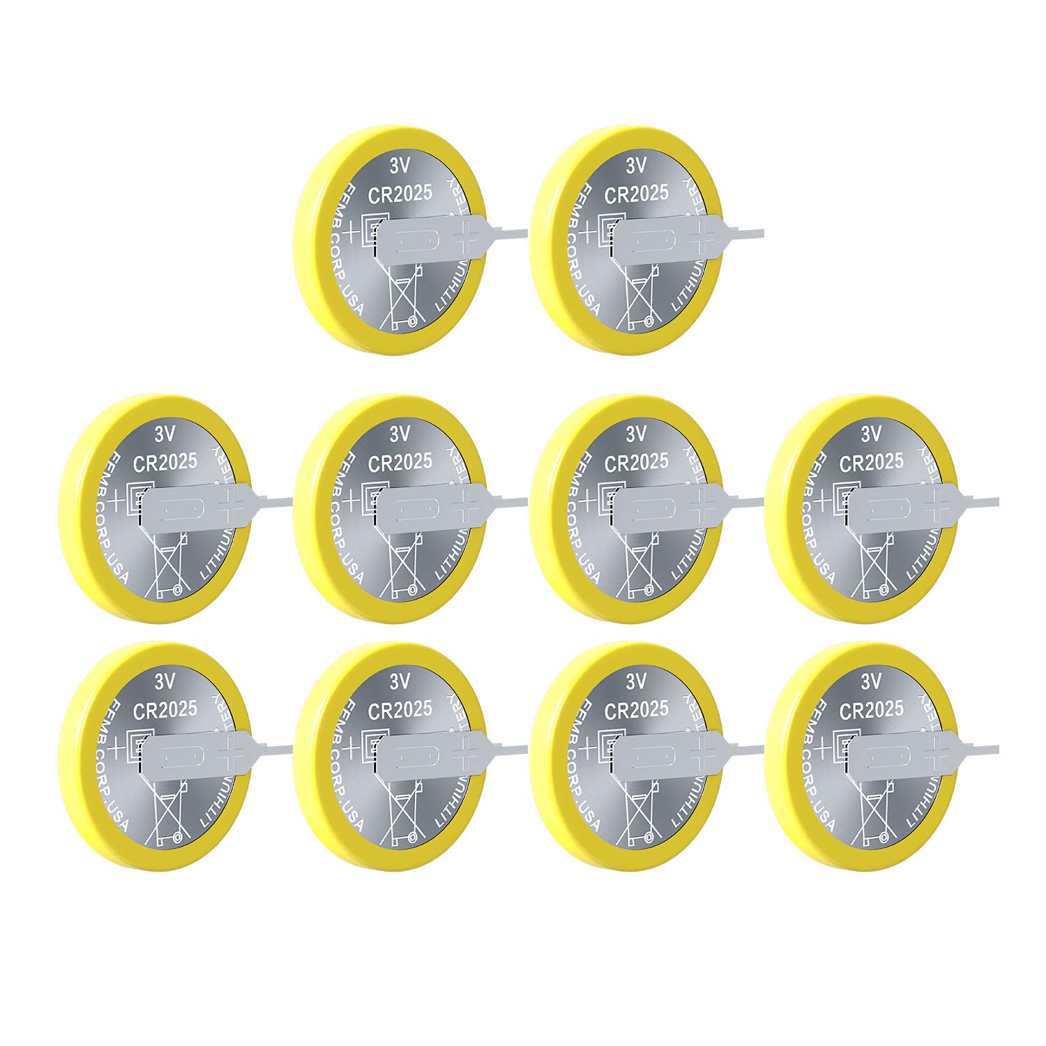 EEMB 10-Pack Tabbed CR2025 3V Lithium Coin Batteries Solder Tabs - Tabbed Replacement Battery, UL Certified