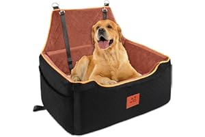 XIEEAOZEE Dog Car Seat for Large/Medium Dog, Booster Seat for Dogs Under 55Lbs or 2 Small, Detachable and Washable Travel Pet Seat with Thick Cushion and Storage Pockets (Black/Brown)