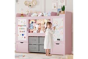 61" W Toy Organizer, Kids Bookshelf with 122L Stuffed Animal Storage, 2 Magnetic Drawing Boards, and 2 Movable Rolling Drawer