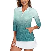 Viracy Women's Golf Shirts 3/4 Sleeve Sun Protection Quarter Zip with Zipper Pockets Athletic Polo Workout Tops S-2XL