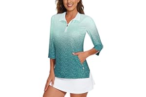 Viracy Women's Golf Shirts 3/4 Sleeve Sun Protection Quarter Zip with Zipper Pockets Athletic Polo Workout Tops S-2XL