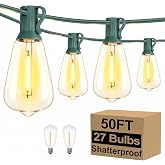 Brightever 50FT Outdoor String Lights 27 Bulbs, Waterproof Patio Lights | 2 Spare ST38 Edison Bulbs Dimmable, Connectable Plug-in LED Outdoor Lighting for Porch, Backyard, Balcony, Green Wire