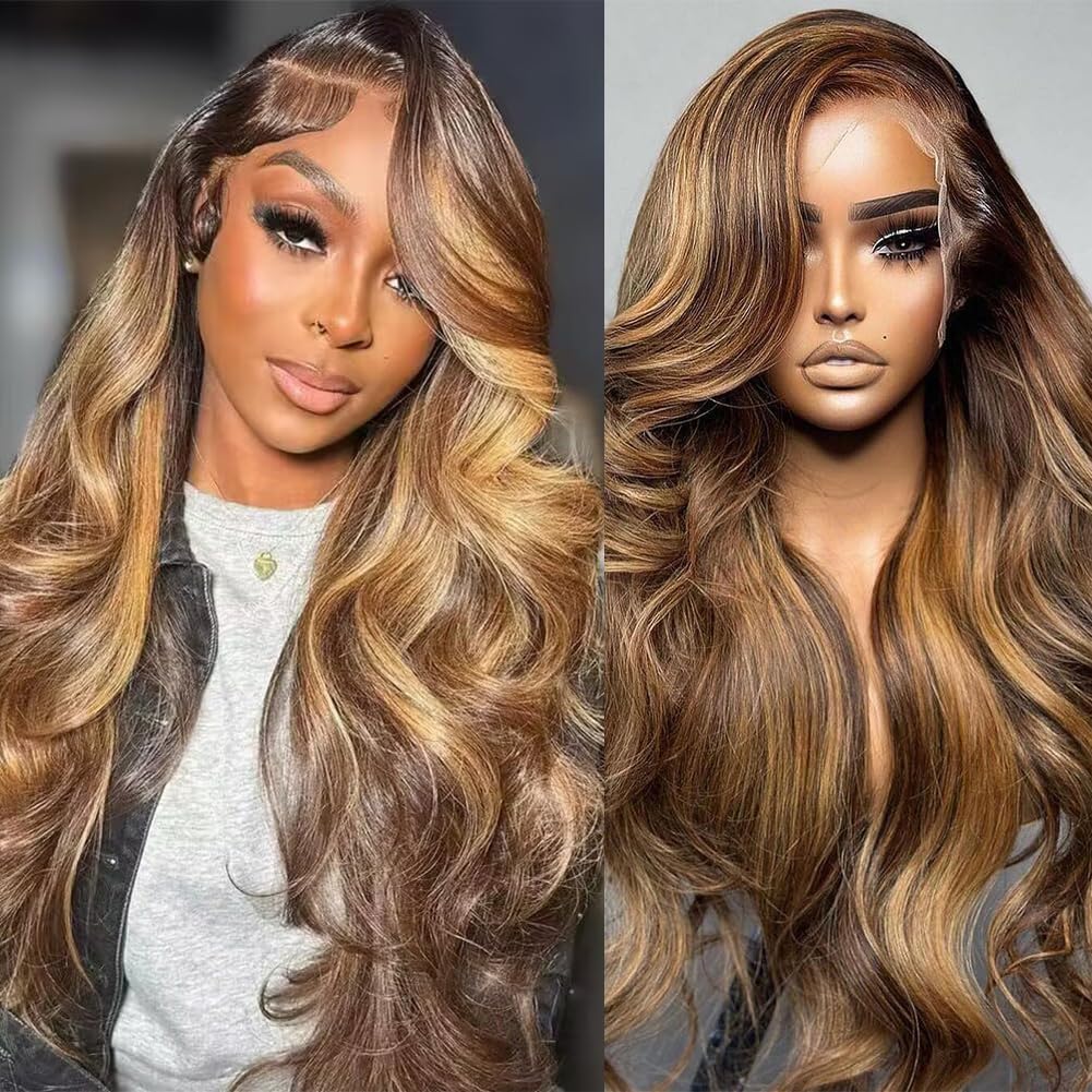 4/27 Ombre Human Hair Wig For Black Women,13x4 Body Wave Highlight HD Lace Front Wigs Human Hair Pre Plucked With Baby Hair,Brazilian Honey Blonde Colored Wig 22 Inch — image 1