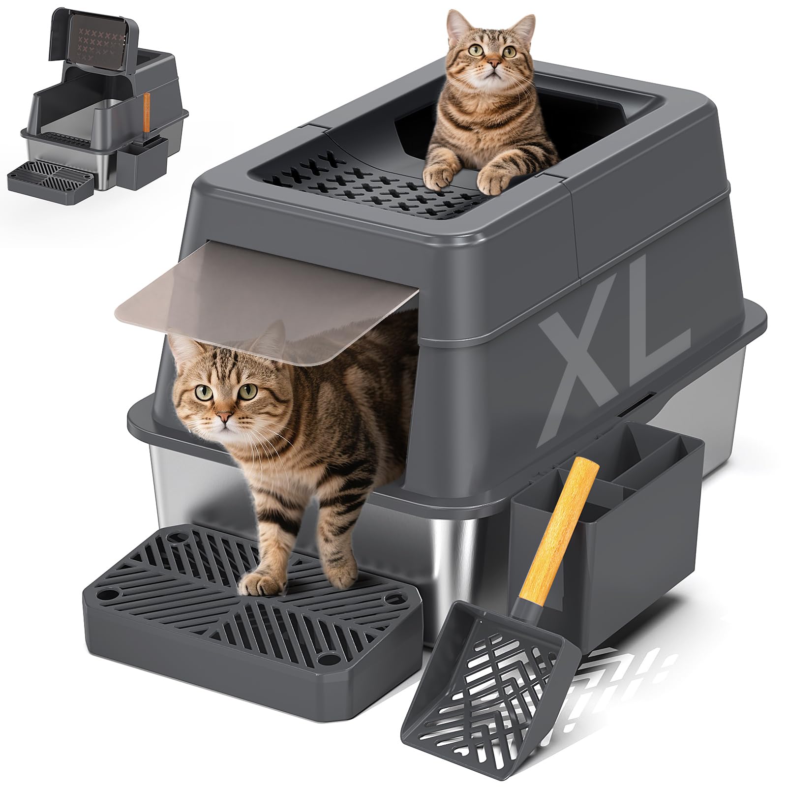 Photo 1 of *** ONLY STAINLESS STEEL LITTER BOX *** Stainless Steel Litter Box with Lid, XL Closed Metal Litter Box Modular Design with Flip Lid Fits All Cats, Extra Large Covered High Sided Cat Box, Scoop, Non-Sticky, Easy Cleaning (Dark Grey)