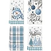 Artoid Mode Beige Blue Xmas Tree Snowman Christmas Kitchen Towels Dish Towels, 18x26 Inch Holiday Believe Bird Winter Decoration Hand Towels Set of 4