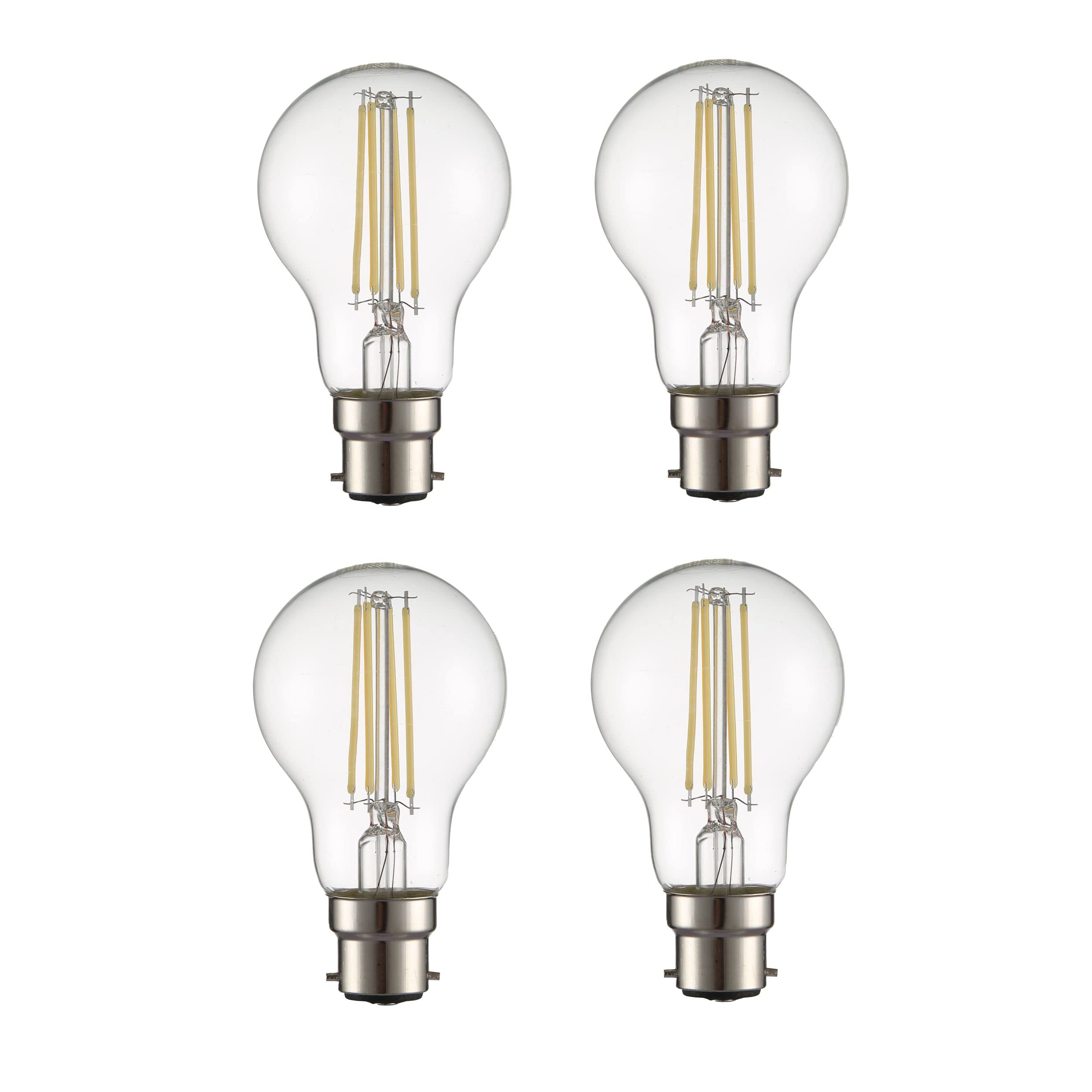 TEKLED® A60 Filament Vintage LED Bulbs | B22 Bayonet Cap | Energy Saving 6.5W Light Bulb 60W Equivalent | NONDIMMABLE Clear 4000K 806LM | 4-Pack | Cool White
