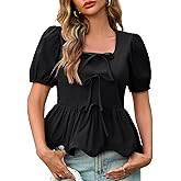 Tankaneo Womens Summer Peplum Babydoll Tops Square Neck Short Puff Sleeve Blouses Ruffle Cute Bow Shirts