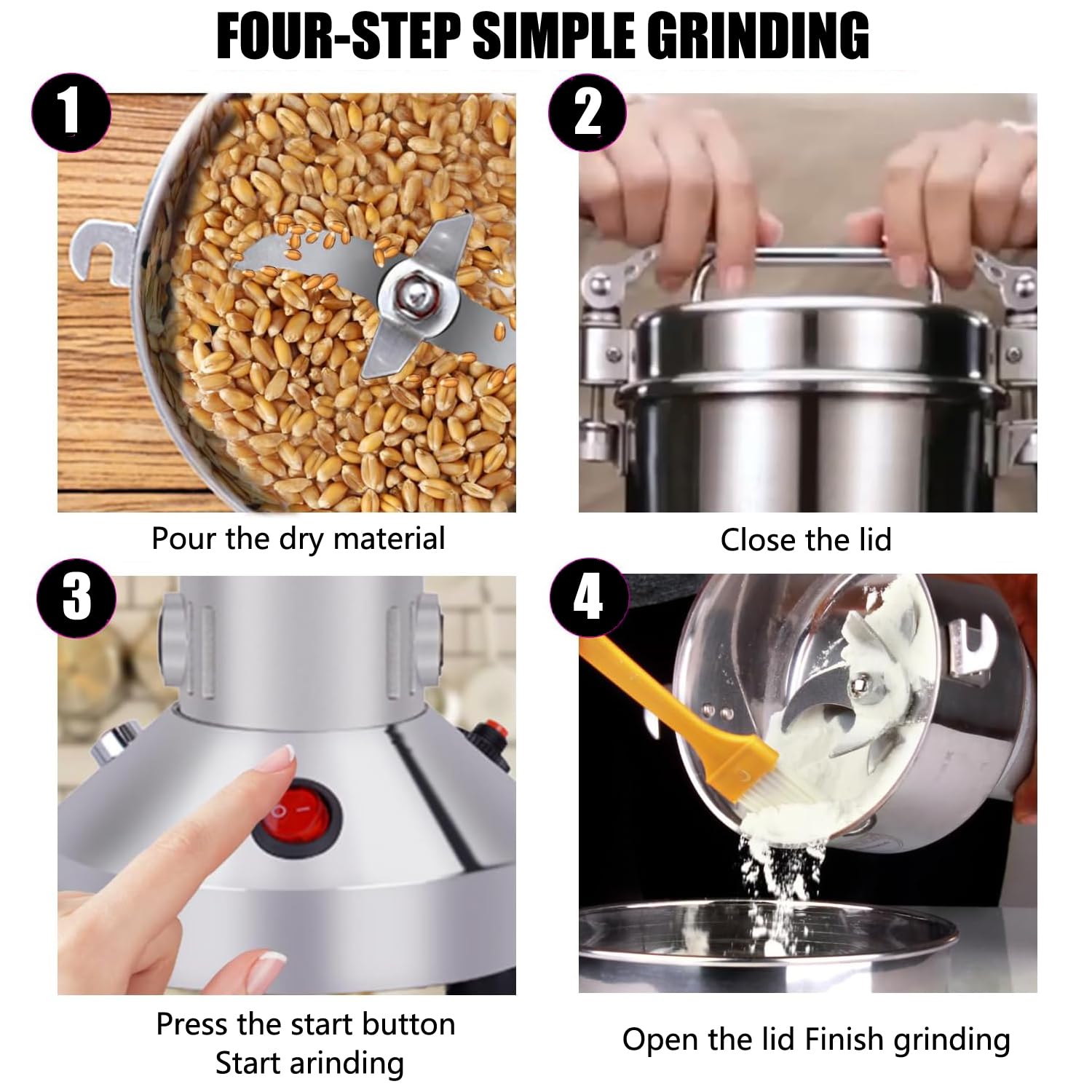 Stainless Steel Grain Mill - Electric 850W High-speed Grinder for Corn, Wheat, Pepper, Coffee Bean