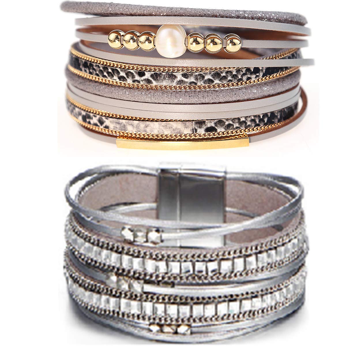 Suyi Multilayer Leather Bracelet Set 2 Pieces Beads Wrap Bracelet Wrist Cuff Bangles with Magnetic Buckle for Women (Leopard5)