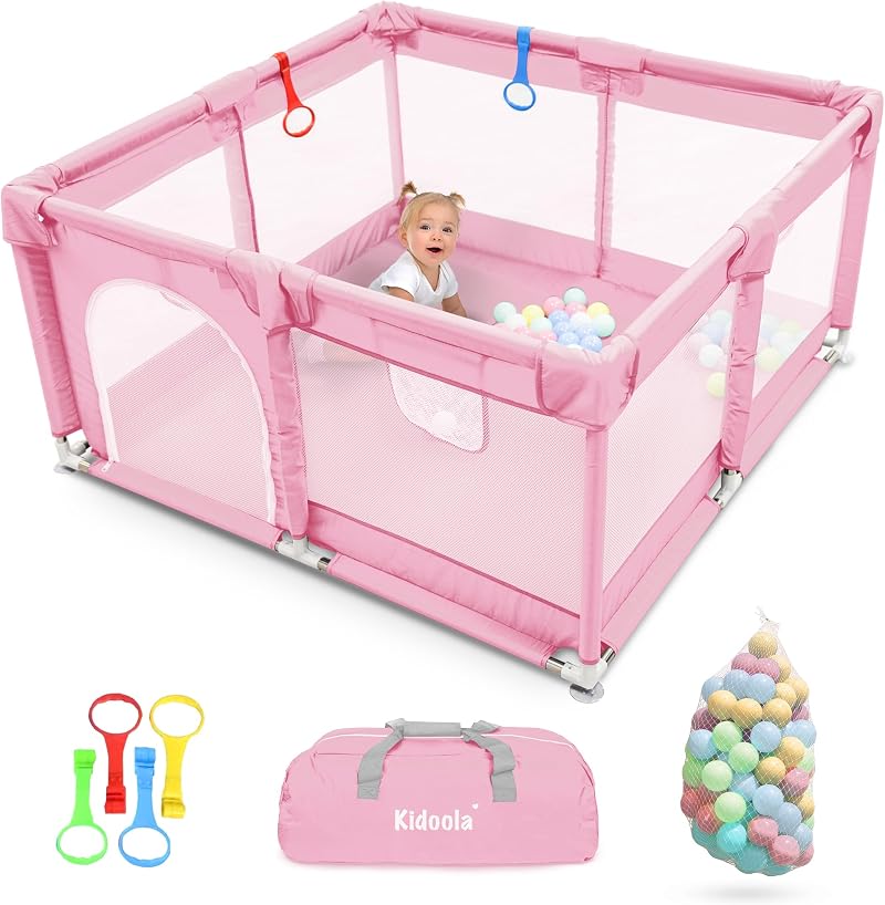 kidoola Baby Playpen with Padded Frame and Mesh Walls 127x127x65cm Pink