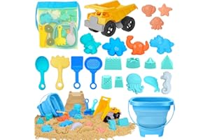 FHOZGECY Beach Toys, 23Pcs Sand Toys, Sandbox Toys with Dump Truck, Collapsible Sand Bucket, Shovel Set, Sand Castle Kit, Animal Dinosaur Molds, Mesh Bag, Travel Toys for Kids Toddlers Boys Girls
