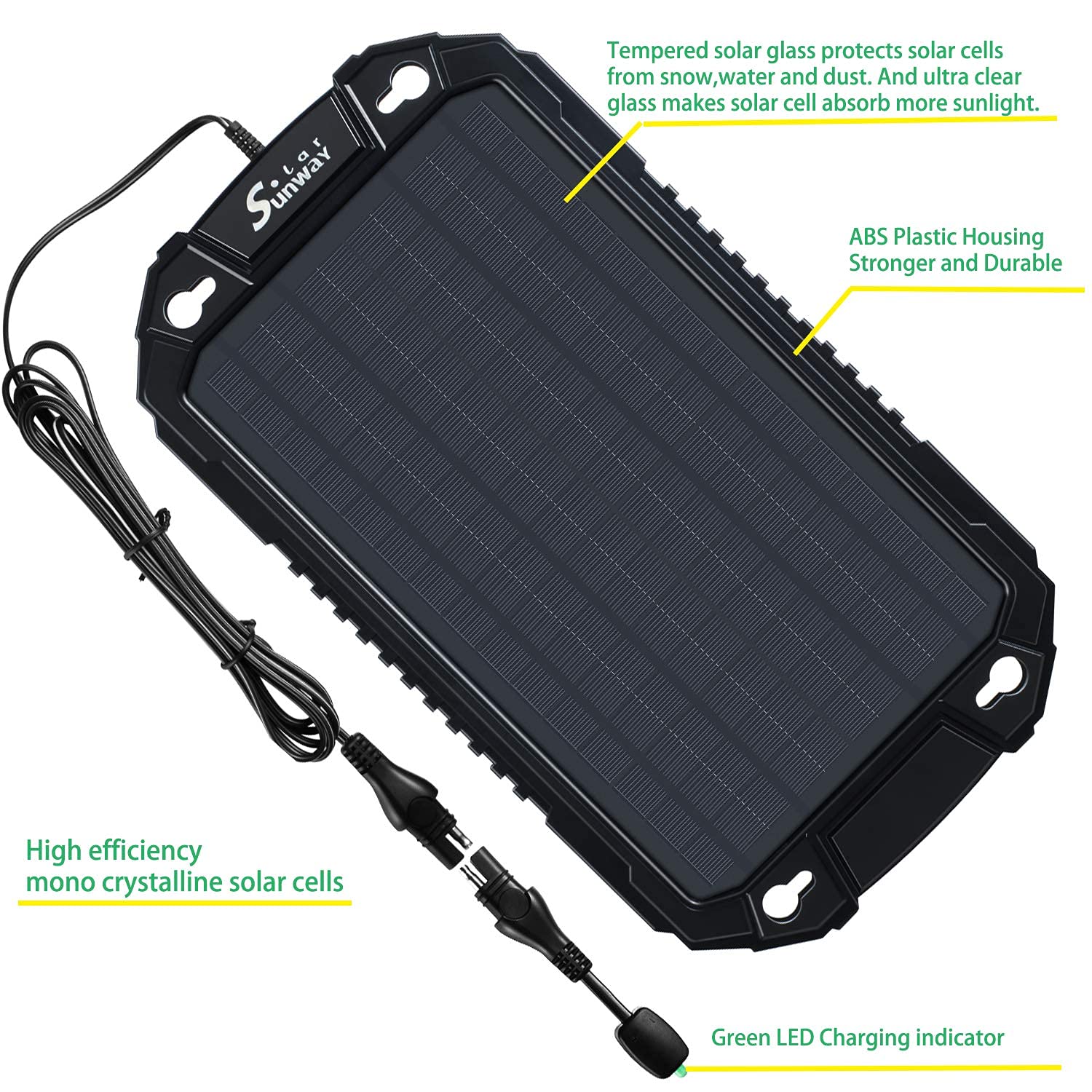 Sunway Solar Car Battery Trickle Charger & Maintainer 12Volt 8W Solar Panel Power Charger kit Portable Waterproof for Automotive RV Marine Boat Truck Motorcycle Trailer Tractor Powersports Snowmobile