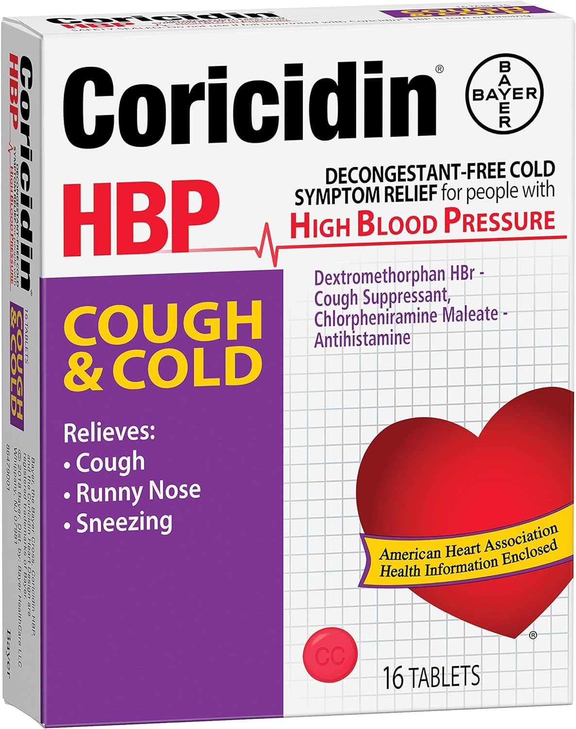 Coricidin HBP Antihistamine Cough & Cold Suppressant Tablets, 16 Tablets (Pack of 5)