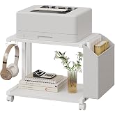 VEDECASA 2 Tier Modern White Wooden Under Desk Printer Stand with Storage Bag for Home Office Desktop Printer Table Organizer Mobile Printer Shelf Cart with Caster Wheel (White)
