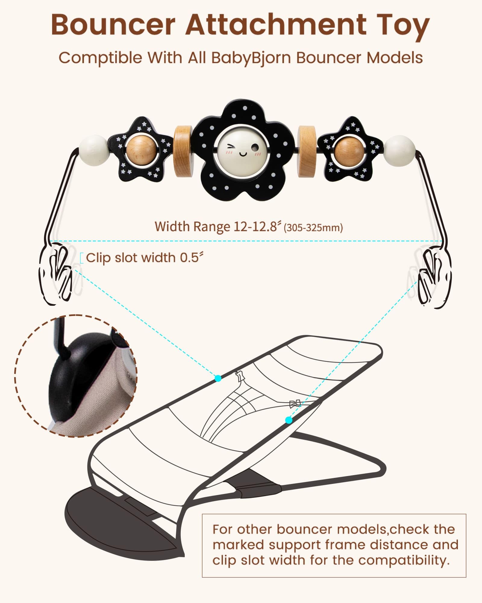 Baby Bouncer Toy Bar Wooden Compatible with Baby Bjorn Bouncer, Bouncer Toy Attachment Tight and Secure Fit, So Fun to Watch, Touch and Spin for Babies All Ages (Black and White Flower)