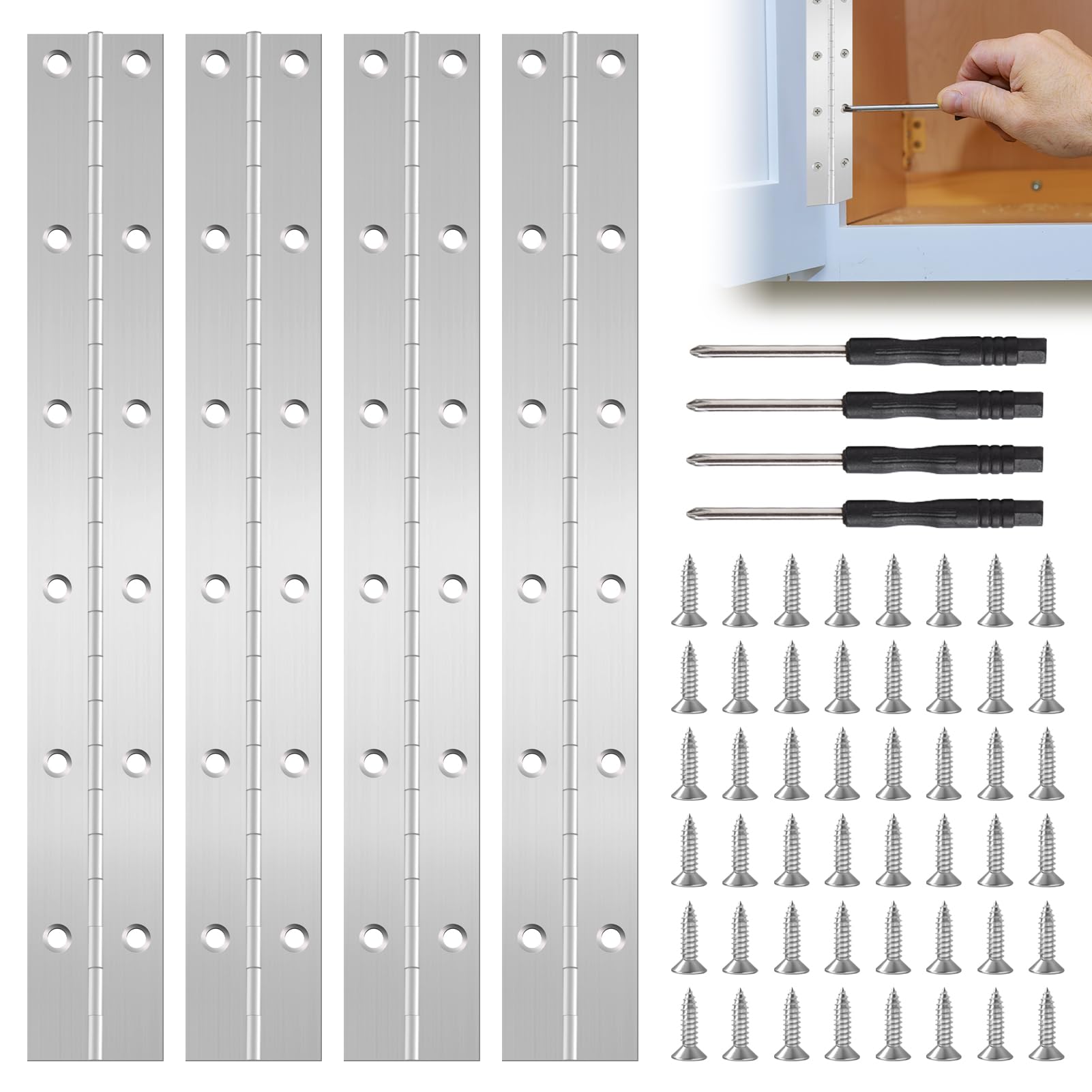 Neikafan Continuous Piano Metal Hinge 300mm/12 Inch Heavy Duty Piano Hinges Continuous Stainless Steel Polished Pianos Hinge for Wood, Pianos, Cabinet Doors, Large Windows with 48 Screws