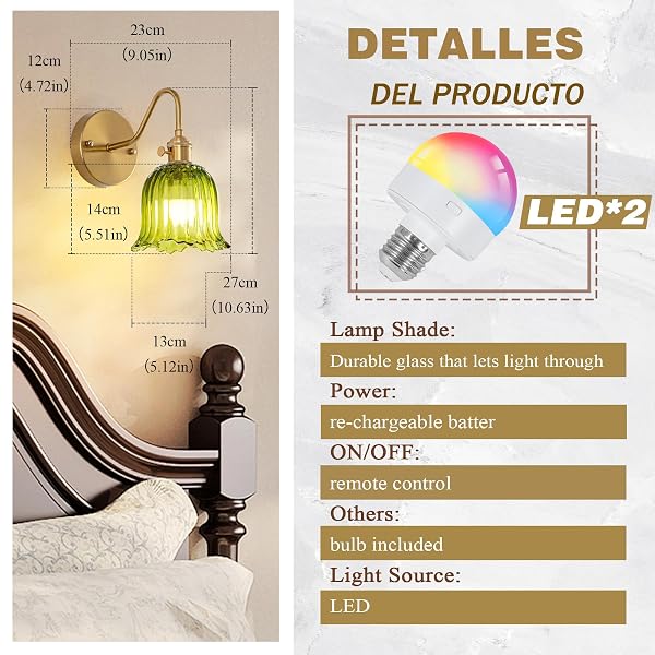 JERANDO VINTAGE BATTERY OPERATED WALL SCONCES SET OF TWO, RGB DIMMABLE LED WALL LIGHT WITH REMOTE CONTROL, GREEN GLASS LAMPSHADE WALL LAMP WITH 15 COLORS FOR BEDROOM, LIVING ROOM, HOME DECOR